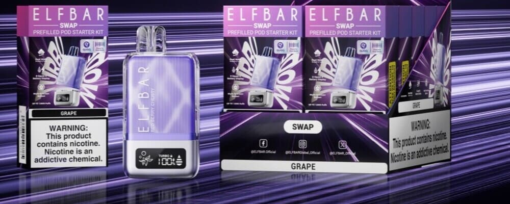 Elf Bar Swap Starter Kit зі смаком Grape — зручний попередньо заправлений POD з дисплеєм, режимом Turbo і зарядкою через USB-C. Компактний девайс для насиченого смаку і швидкої заміни картриджів