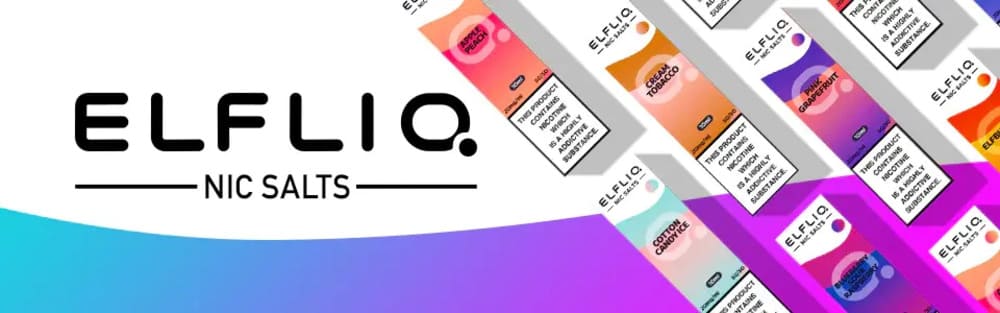 На зображенні представлена лінійка солевих рідин ELFliq Nic Salts — ідеальний вибір для вейпшопу, що пропонує покупцям широкий асортимент яскравих смаків у стильних упаковках для насиченого та чистого паріння.
