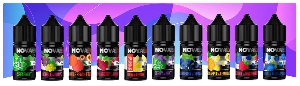 Повна колекція сольових рідин Nova Salt 30 мл — від свіжої м’яти й винограду до тропічних та десертних смаків. Ідеальний баланс міцності та аромату для POD-систем.