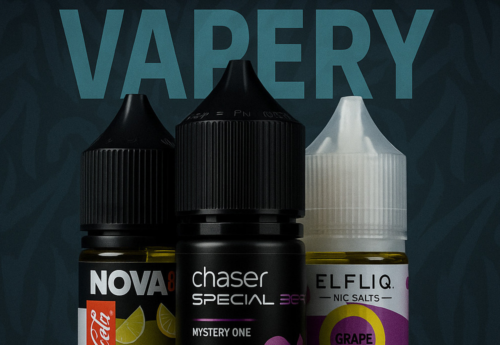 На картинке представлена подборка жидкостей для вейпа от брендов Nova, Chaser и Elfliq с разными вкусами, расположенных на фоне с надписью VAPERY — отличный выбор для любителей насыщенного парения.